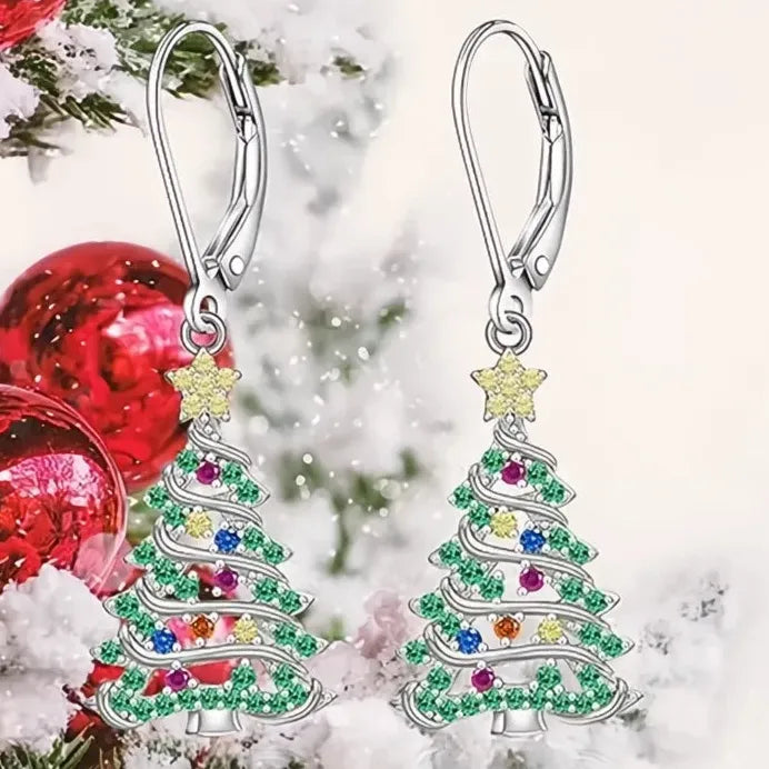 Elegant Bling Cubic Zirconia Christmas Tree Drop Earrings for Women Gift