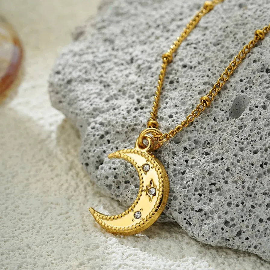 Minimalist Geometric Zircon Moon Pendant Necklace Women Stainless Steel Gold Chain
