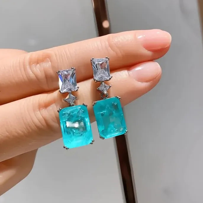 Blue Geometric Cubic Zirconia Drop Earrings Elegant Wedding Gift Jewelry