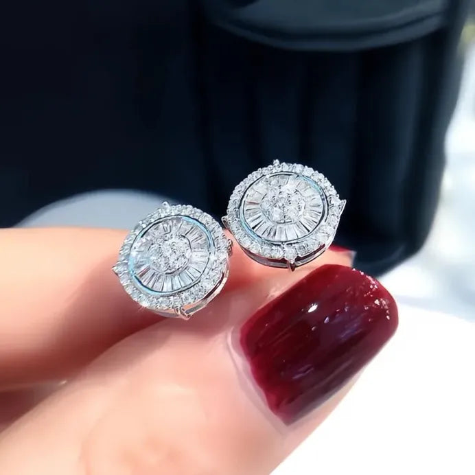 Geometric Round Stud Earrings with Sparkling CZ Cubic Zirconia for Women