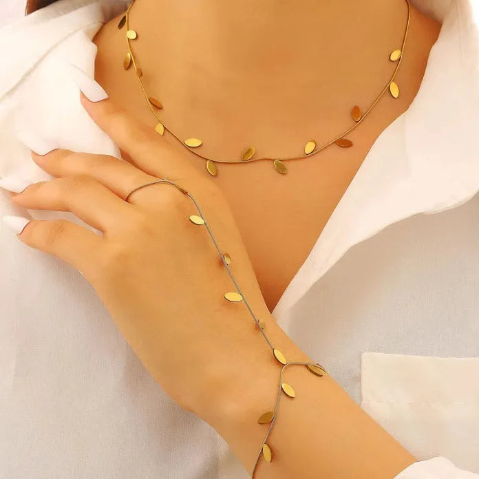 Stainless Steel Leaf & Geometric Bracelet Necklace Set for Women Gift