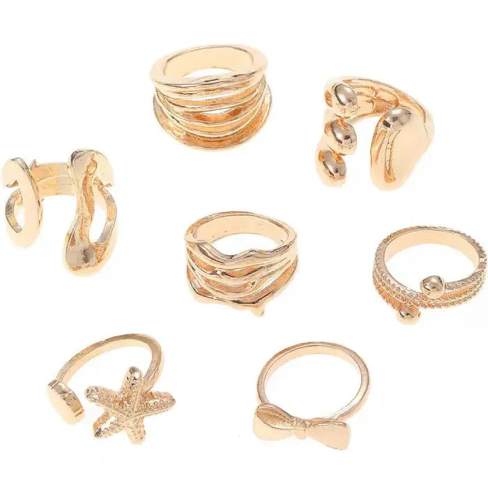 7Pcs Adjustable Geometric Bow Knot Starfish Rings Set Unisex Fashion Jewelry