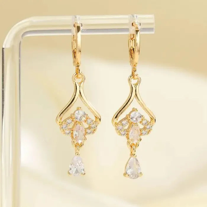 Copper Crown Water Drop Tassel Zircon Earrings for Women Long Geometric Jewelry