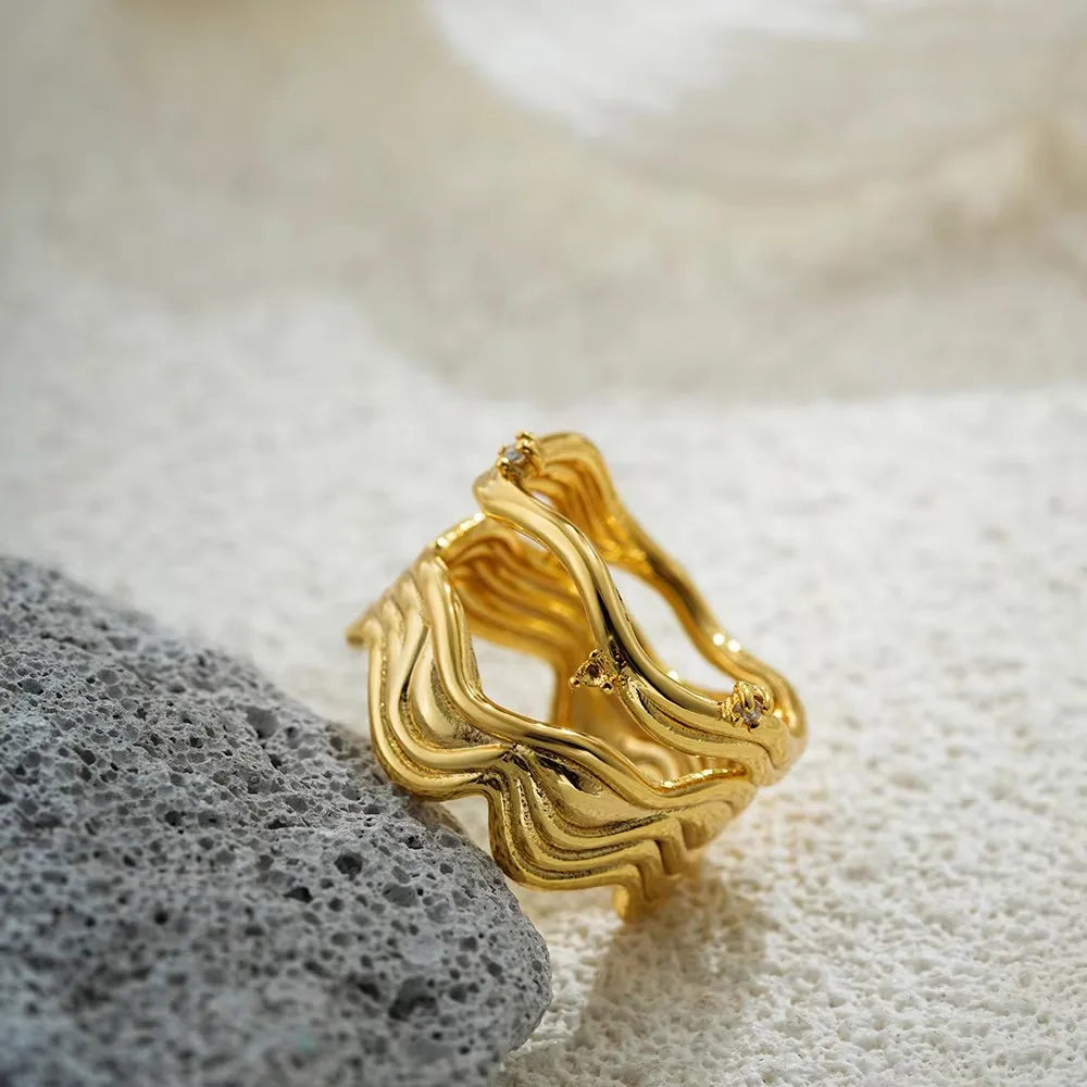 Hollow Twisted Wave Wide Knuckle Ring for Women Stainless Steel CZ Zircon Charm