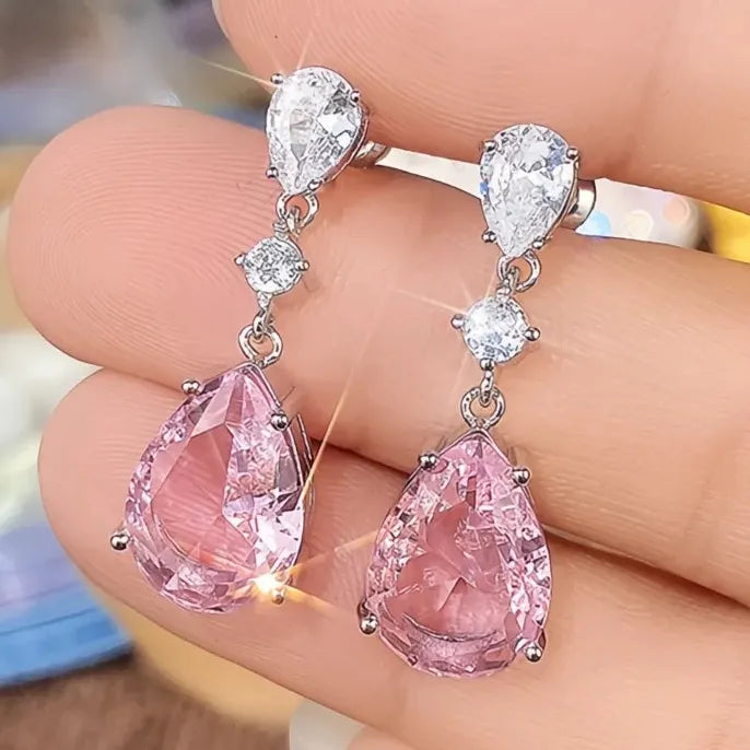 Temperament Sweet Pink Pear Cubic Zirconia Drop Earrings for Women Engagement Party Jewelry