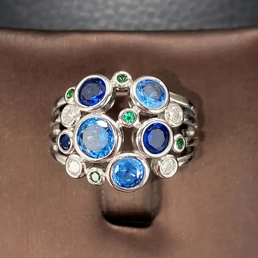 Colorful Wide Band Women’s Ring with Blue, Green & White CZ Gems