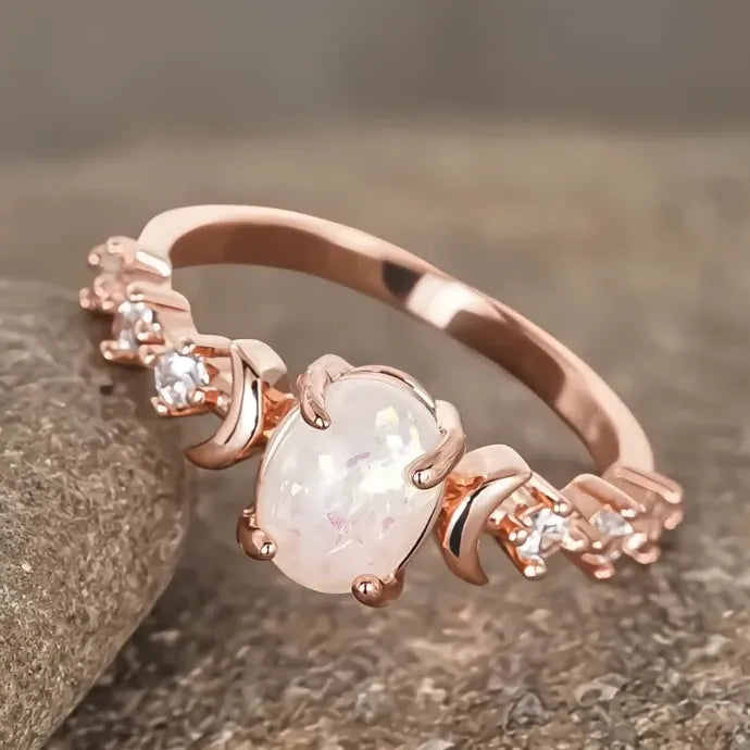 Oval Imitation Opal Wedding Band Ring for Women Brass Cubic Zirconia Jewelry