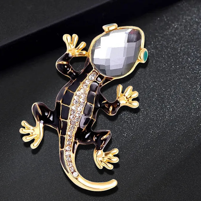 Black Enamel Lizard Brooch Pin with Rhinestones for Women Jewelry