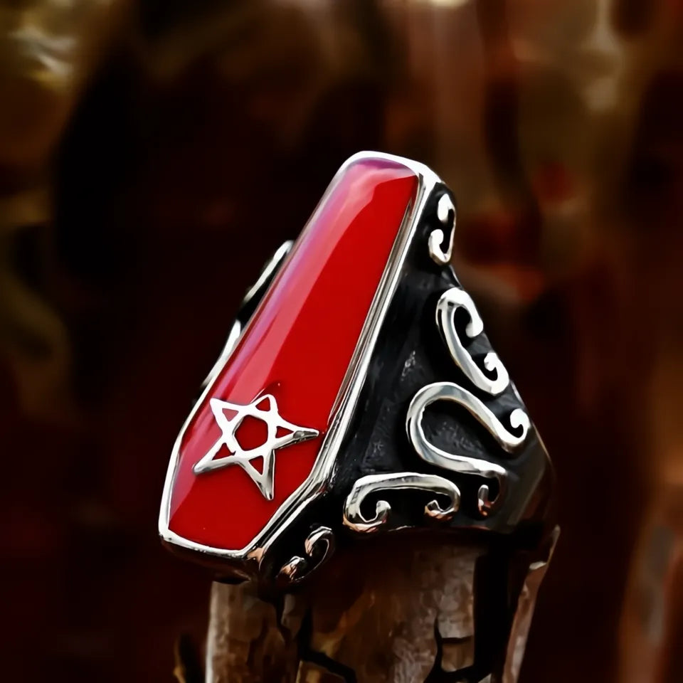 Gothic Vintage Stainless Steel Vampire Coffin Ring with Pentagram Star Unisex Jewelry