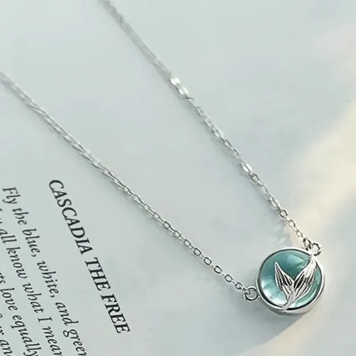 Trendy Geometric Mermaid Tail Pendant Necklace with Blue Stone Gift
