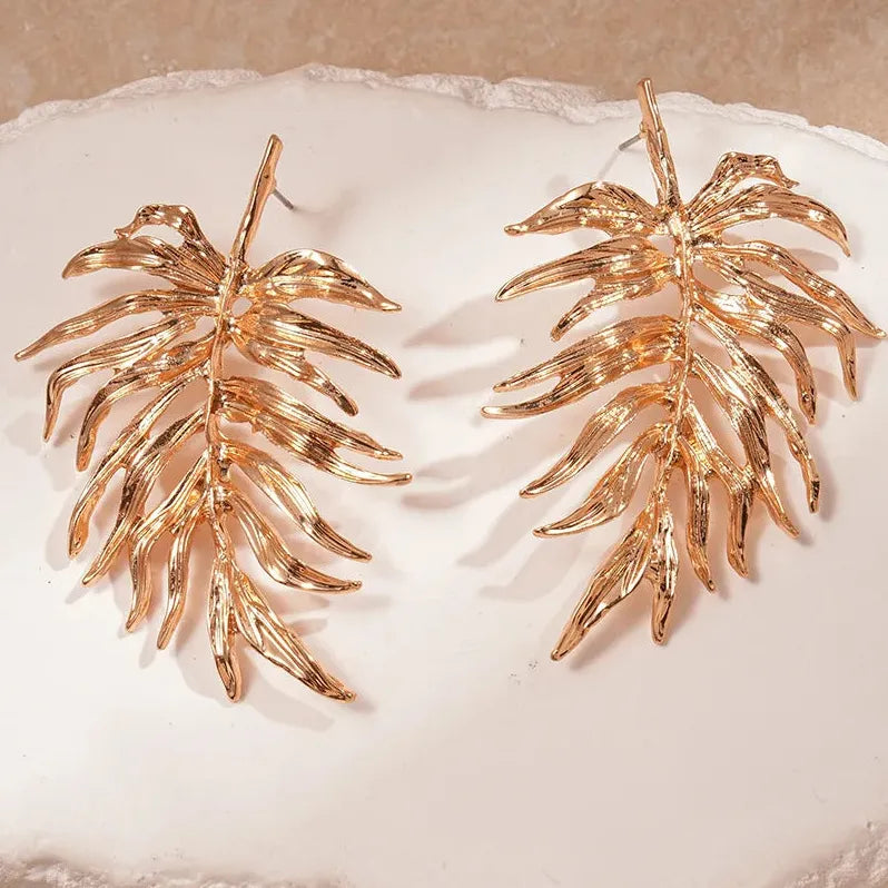 Vintage Large Leaf Drop Earrings for Women Gold Silver Plant Jewelry