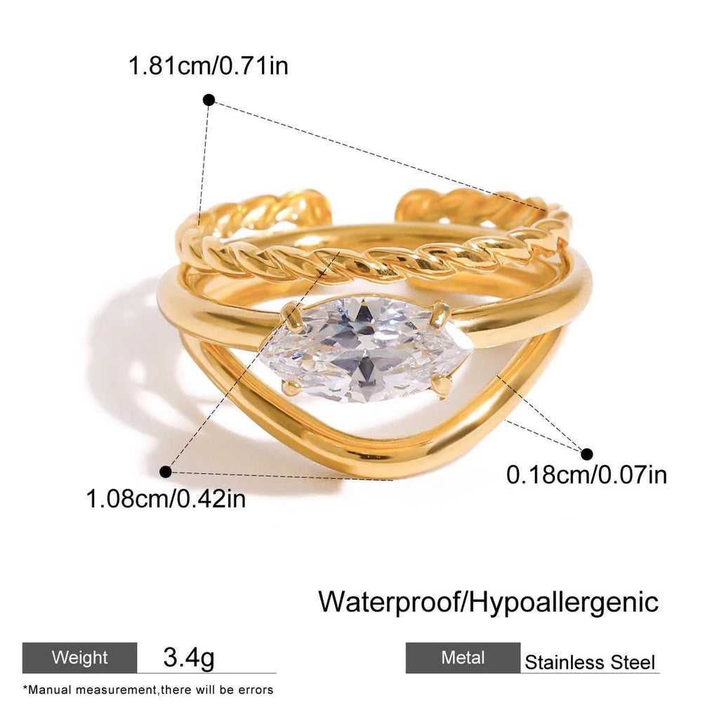3pcs 18K Gold Plated Twisted Circle Zircon Rings Stainless Steel Bride Jewelry