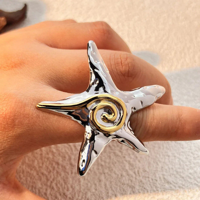 18k Gold Plated Oversize Two-Color Starfish Ring for Women Trendy Jewelry