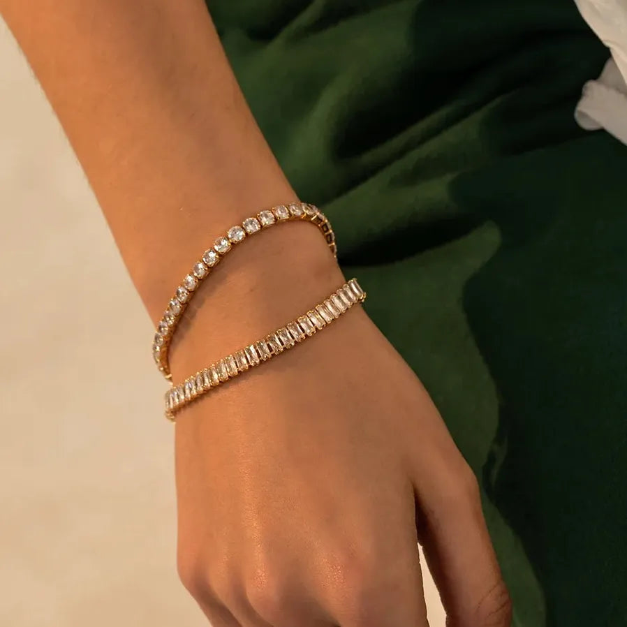 18K Gold Plated Sparkling Square CZ Bracelet Women Stainless Steel Bangle