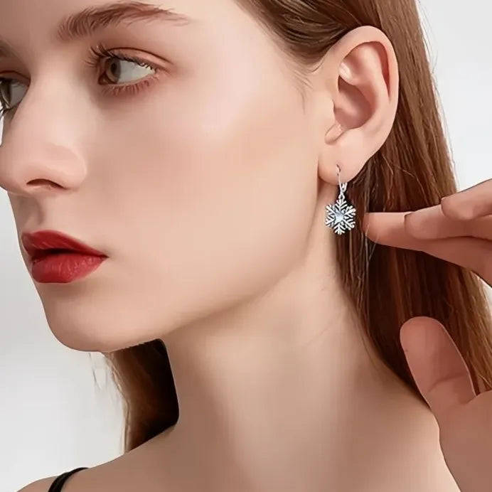 Silver Snowflake Drop Earrings with Imitation Moonstone Holiday Gift