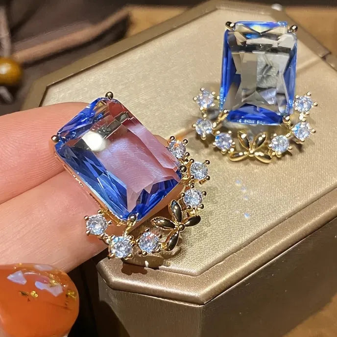 Aesthetic Women Geometric Cubic Zirconia Stud Earrings Blue CZ Wedding Jewelry