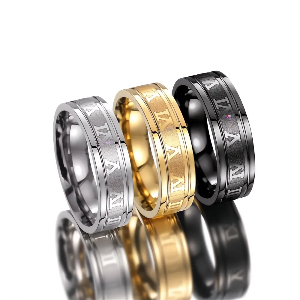 Vintage Roman Numerals Men Stainless Steel Rings Set, Fashion Simple Geometric Jewelry Gift