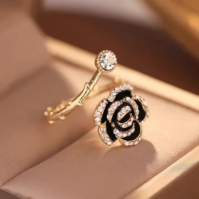 Black Rose Flower Metal Opening Ring for Women Girls with Zircon Jewelry