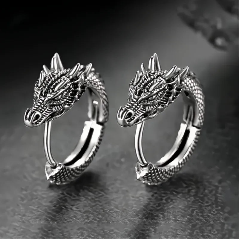 Personality Chinese Dragon Hoop Earrings for Men Women Metal Hip Hop Loong Jewelry