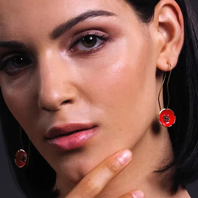Red Silk Long Hook Drop Earrings with Flower Design Zinc Alloy Jewelry Gifts