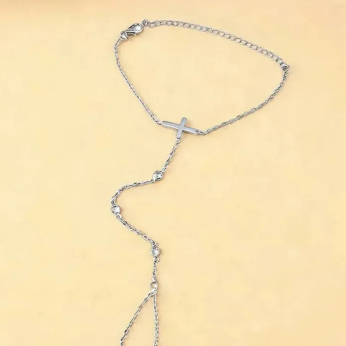 Copper Metal Cross Bracelet for Women Crystal Zircon Bead Chain Bangle Jewelry