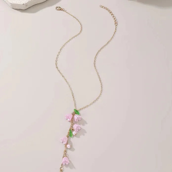 Tassel Valley Vintage Y-Shaped Lily Flower Pearl Pendant Necklace for Women