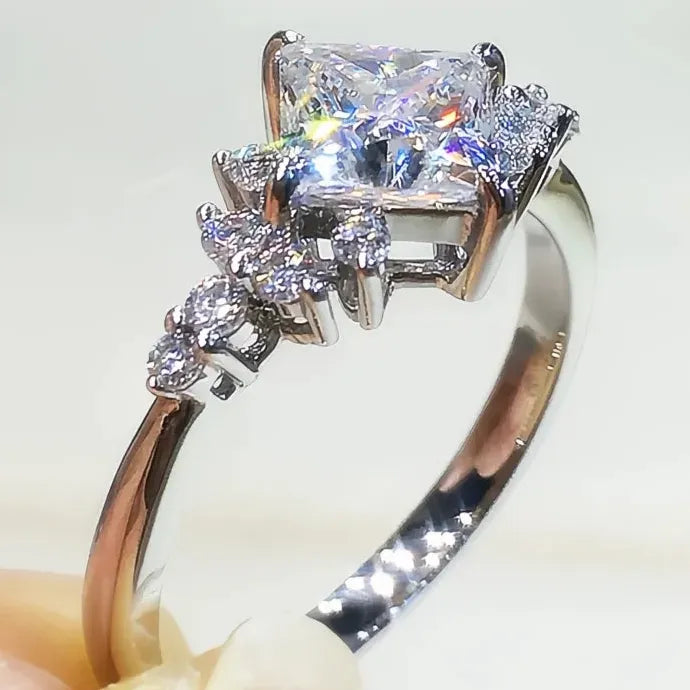 Princess Square CZ Cubic Zirconia Brass Wedding Band Ring for Women Engagement
