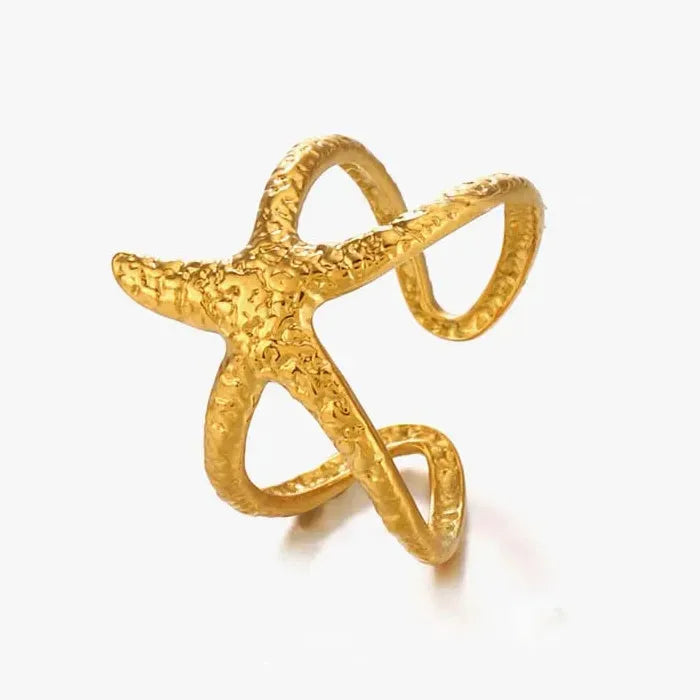Adjustable Stainless Steel Starfish Ring for Women Men Gold Jewelry Gift