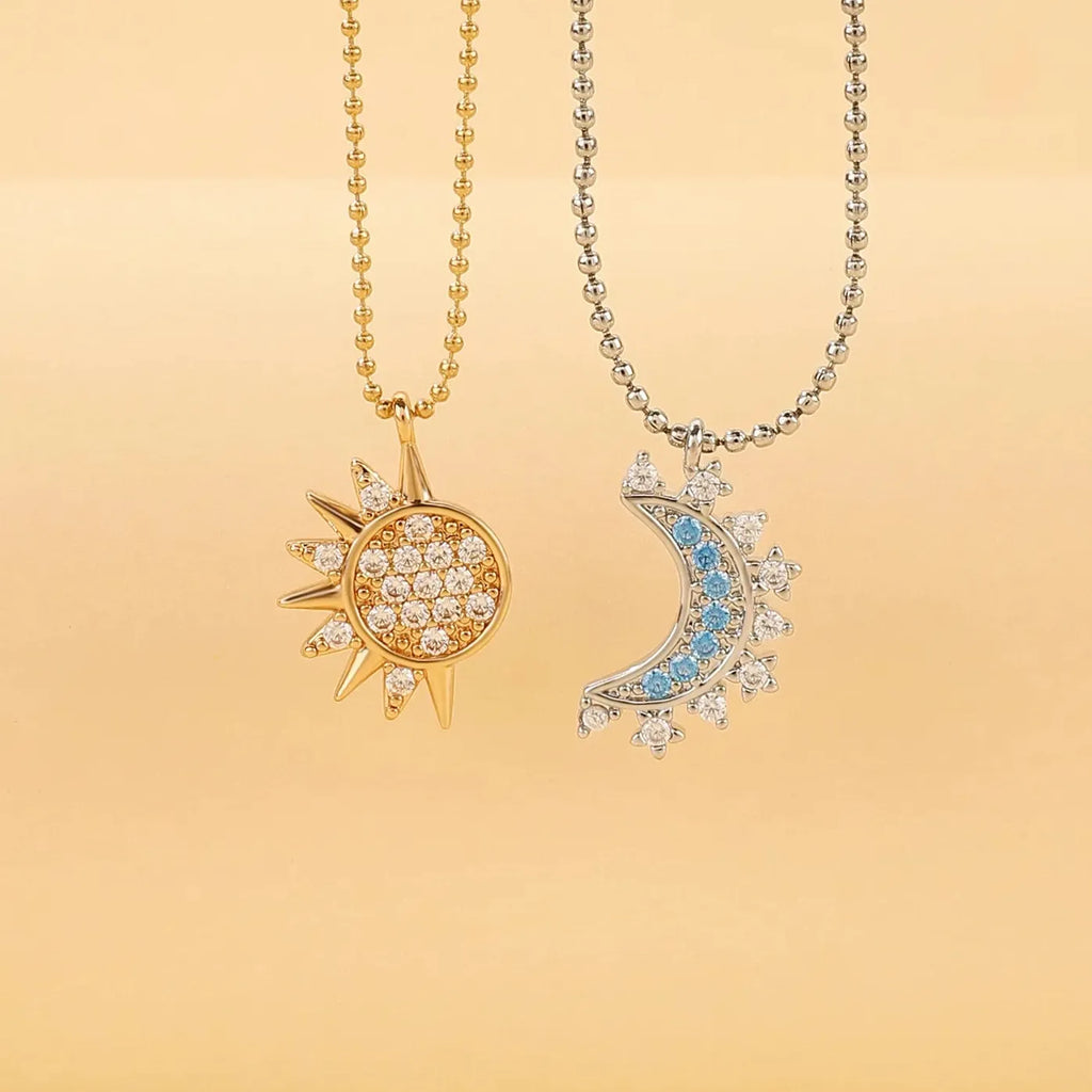 Copper Sun Moon Pendant Necklace with Rhinestones Vintage Jewelry Gift