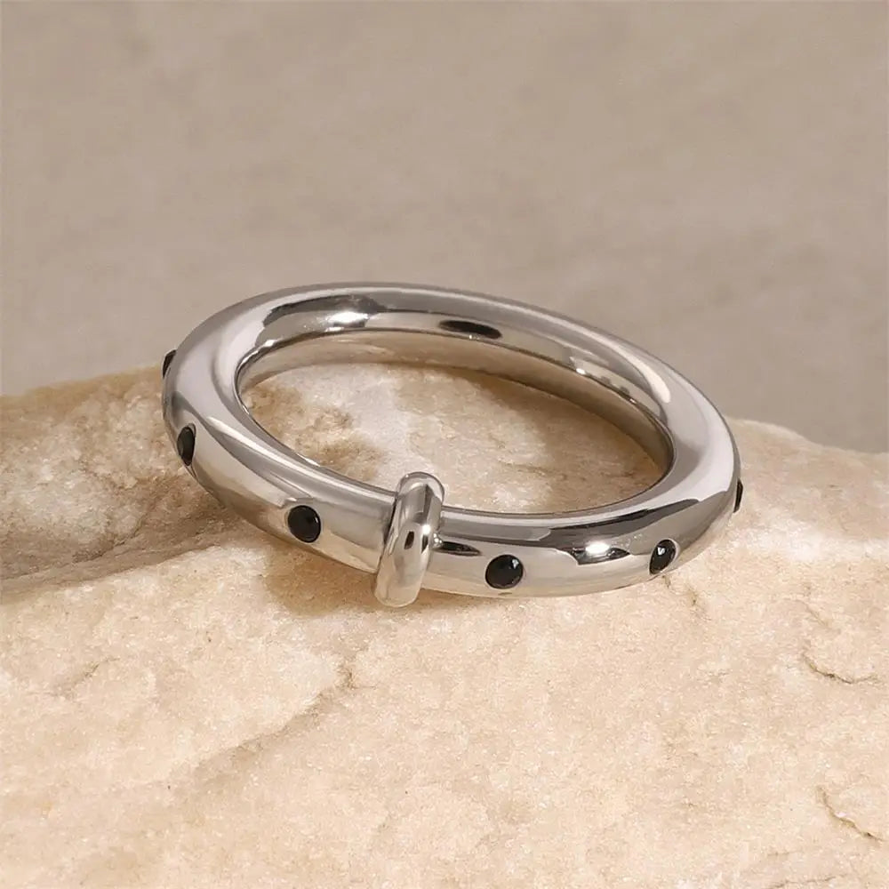 Stainless Steel Black Zircon Small Circle Unisex Ring Waterproof Anti-Allergic Punk Jewelry Gift