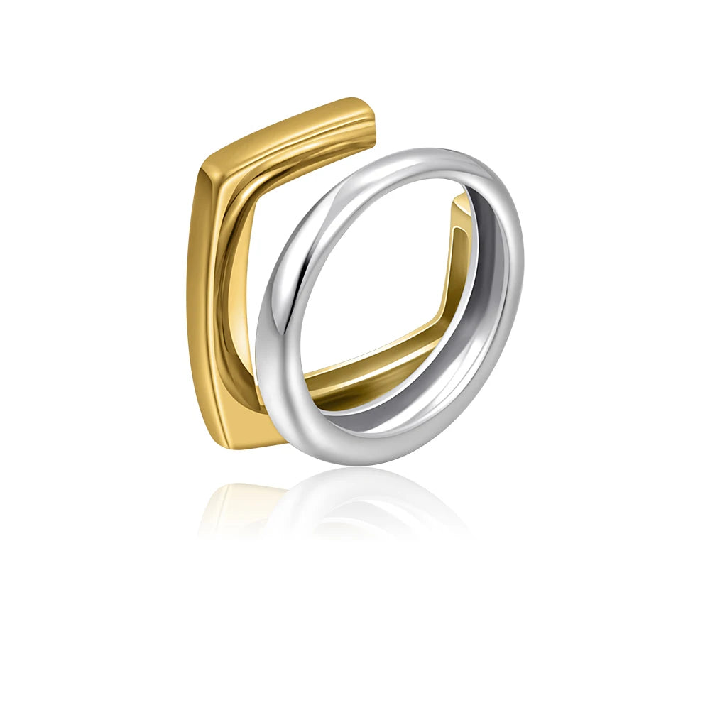 18k Gold Plated Stainless Steel Geometric Double Layer Ring Hypoallergenic Jewelry