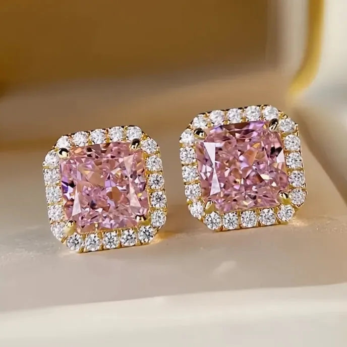 Princess Pink Cubic Zirconia Geometric Stud Earrings Gold Color Copper Alloy Jewelry for Women Wedding