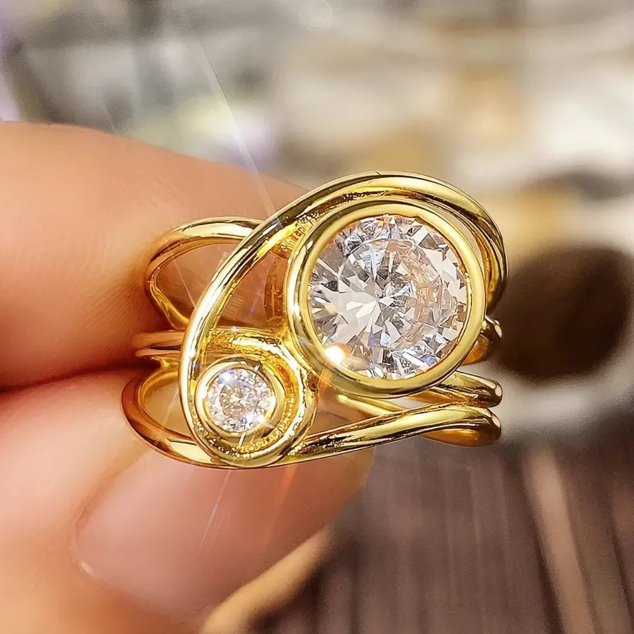 2022 Trendy Gold Brass Women's Wedding Band Ring with Cubic Zirconia
