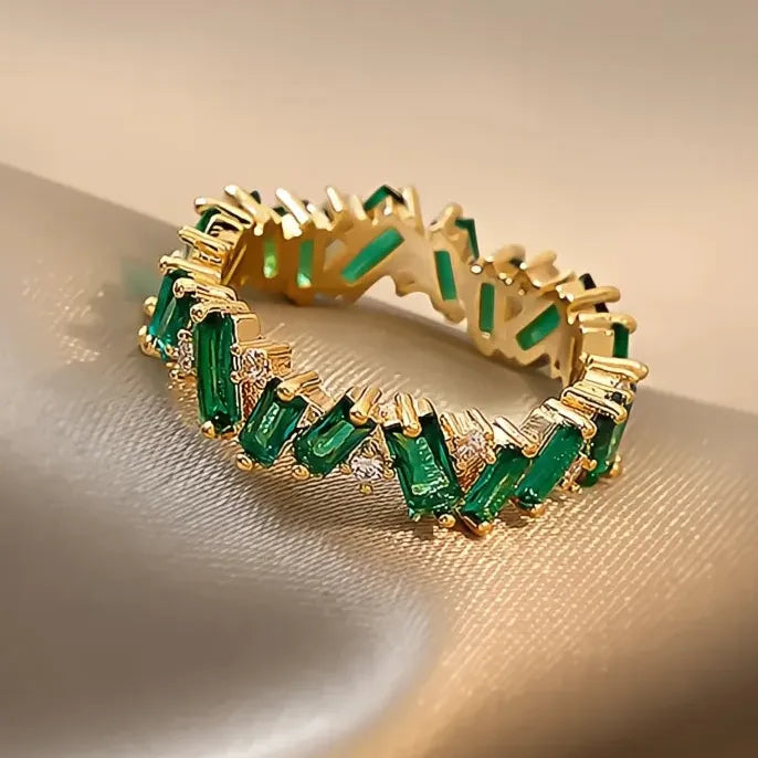 Geometric Green Cubic Zirconia Brass Wedding Band Ring for Women Bridal Jewelry