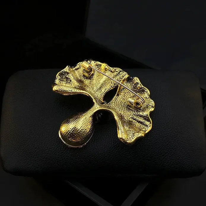 Vintage Floral Ginkgo Biloba Rhinestone Brooch Pin for Women Elegant Style