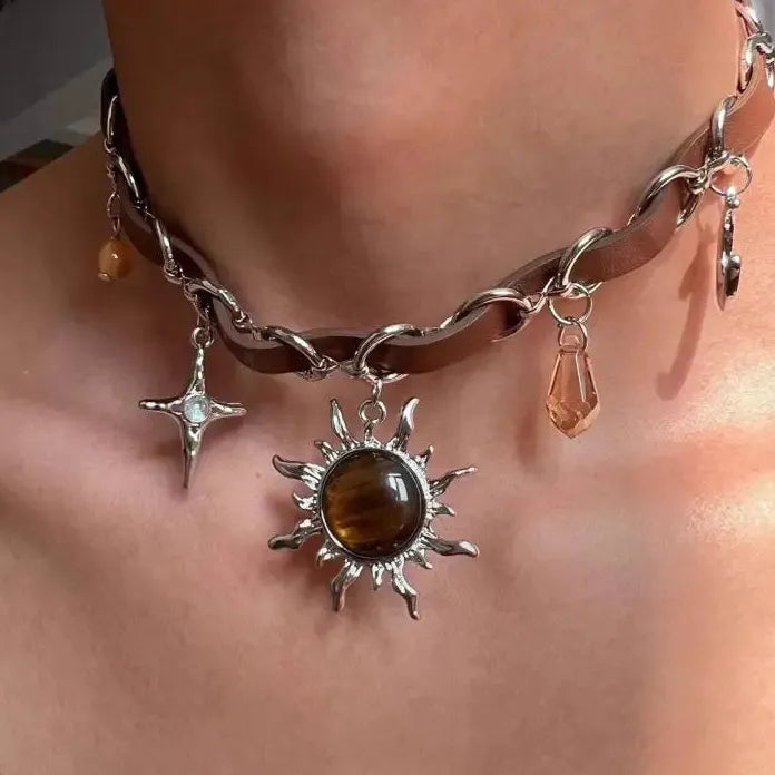 Retro Y2K Brown Opal Sun Geometric Circle Pendant Necklace Men Women Hip Hop Grunge Jewelry
