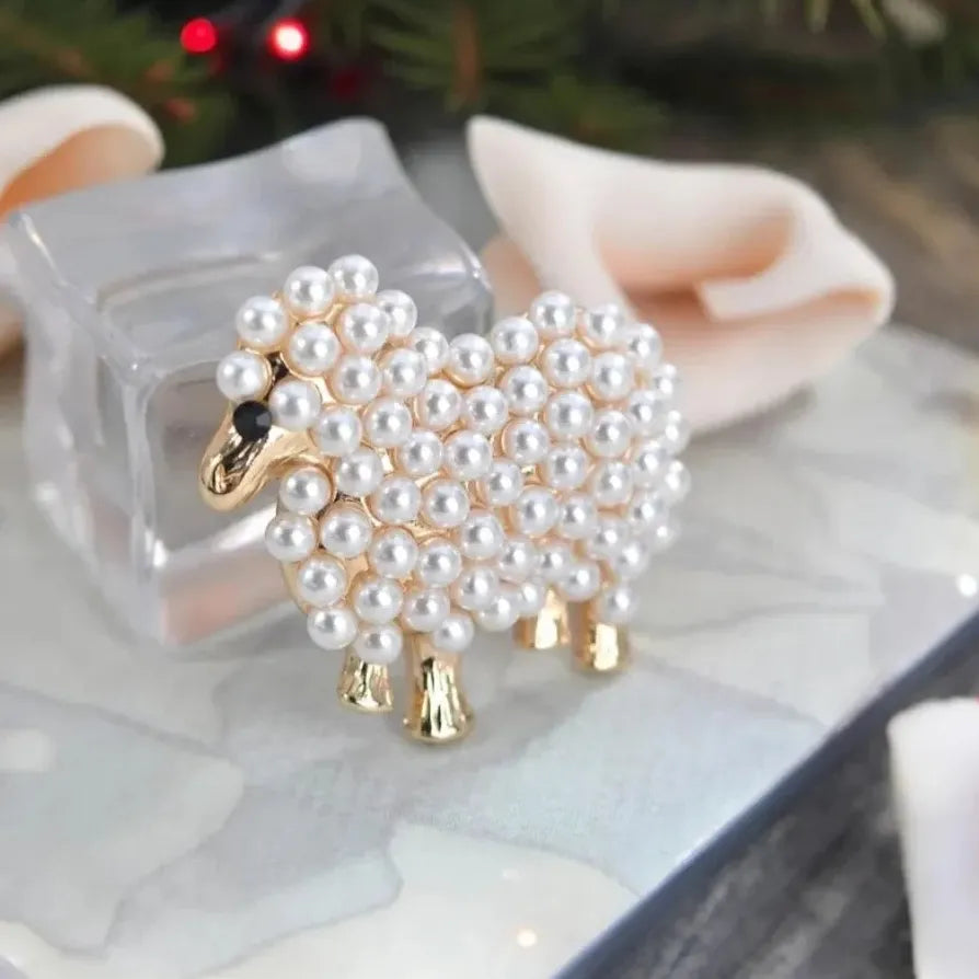 White Faux Pearl Sheep Lamb Goat Brooch Pin Elegant Gift for Women