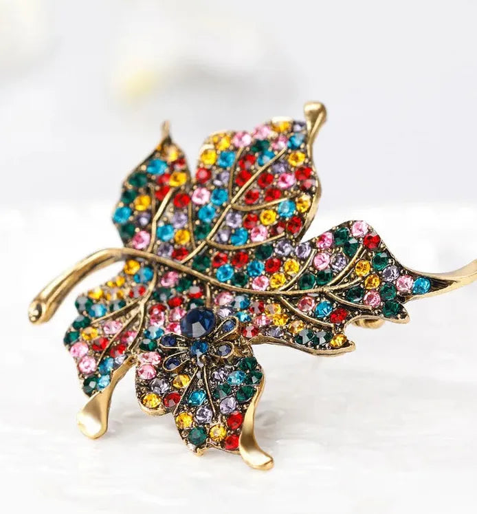 Vintage Multi-Color Rhinestone Crystal Maple Leaf Brooch Pin for Women
