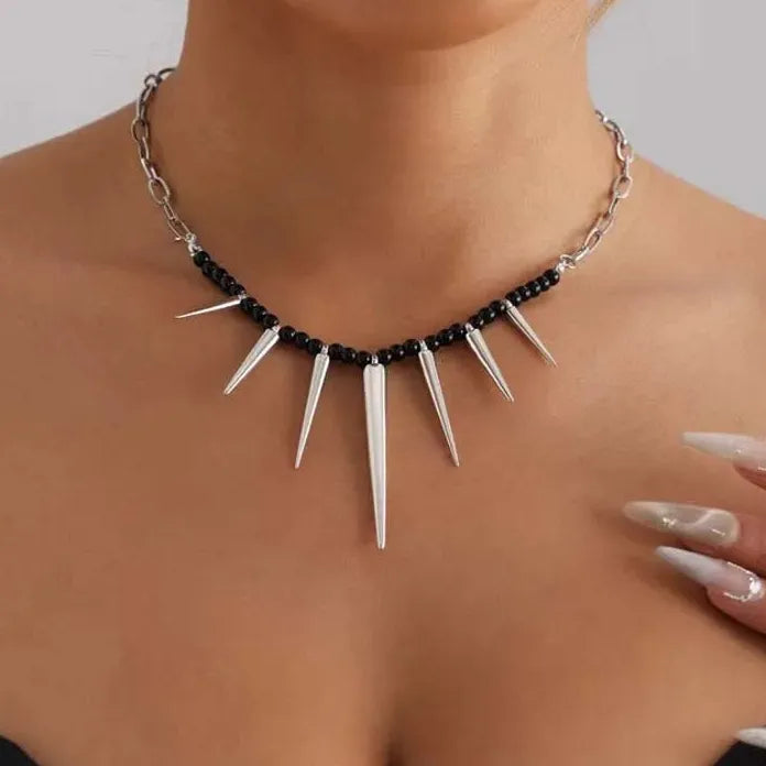Punk Black Beads Rivet Choker Necklace Men Women Spike Tassel Y2K Jewelry