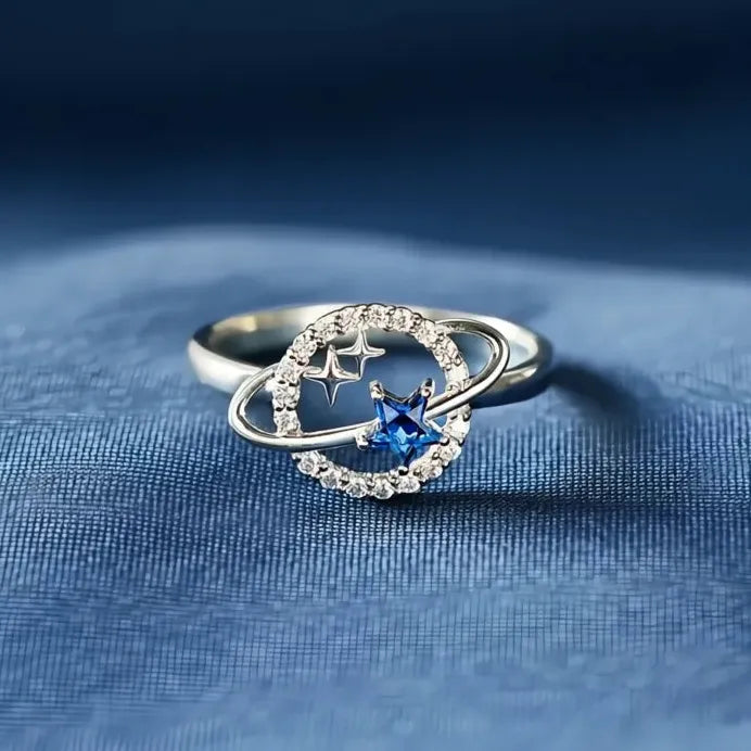 Silver Tone Blue Stars Planet Ring with Cubic Zirconia for Women