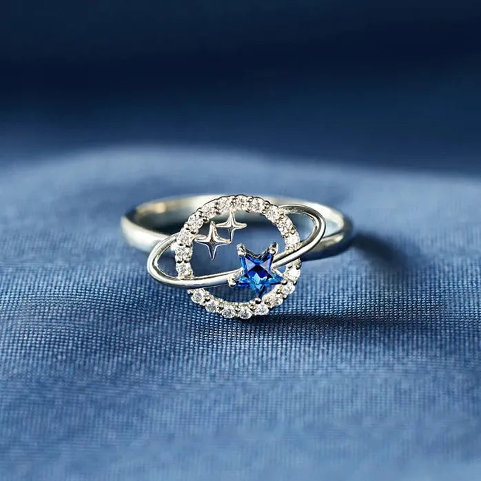 Planet Finger Ring for Women Blue Stars Silver Brass Cubic Zirconia Jewelry