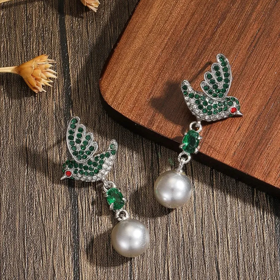 Simulated Pearl Bird Stud Earrings with Crystal Cubic Zirconia for Women Girls