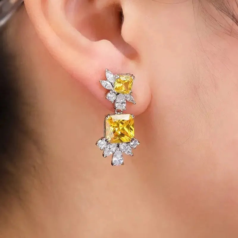 Copper Geometric Zircon Square Stud Earrings Shiny CZ Bride Bridesmaid Jewelry