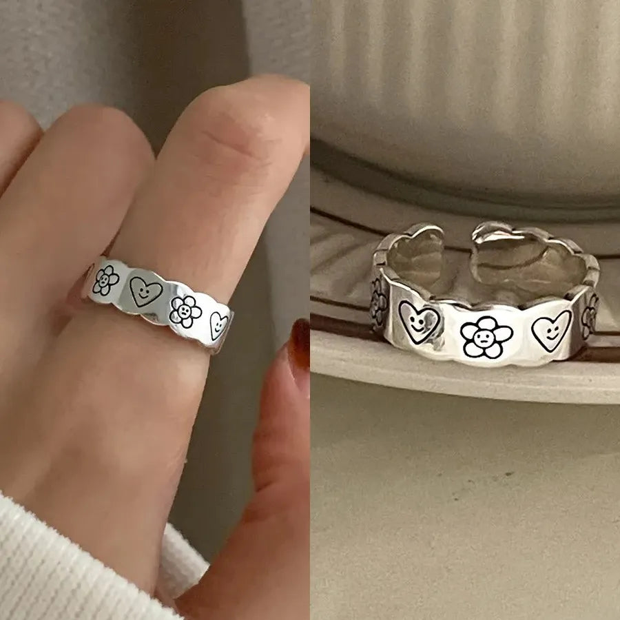 Adjustable Silver Smile Shape Ring for Women Vintage Jewelry Gift Fashion