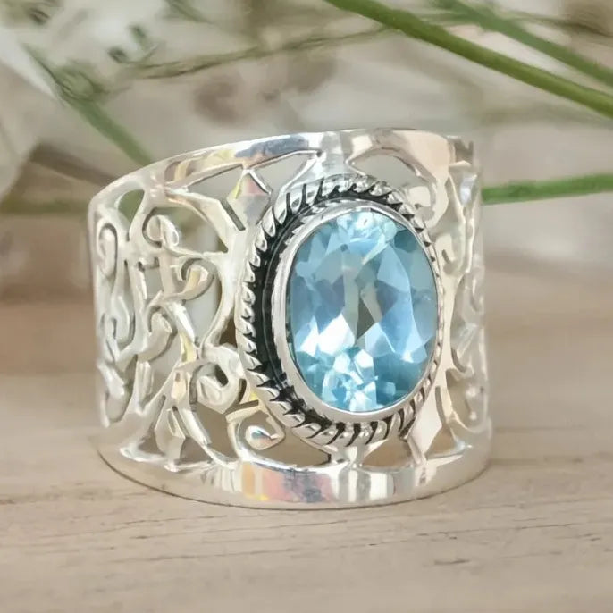 Wide Hollow Zinc Alloy Ring with Oval Sky Blue Glass Stone for Women