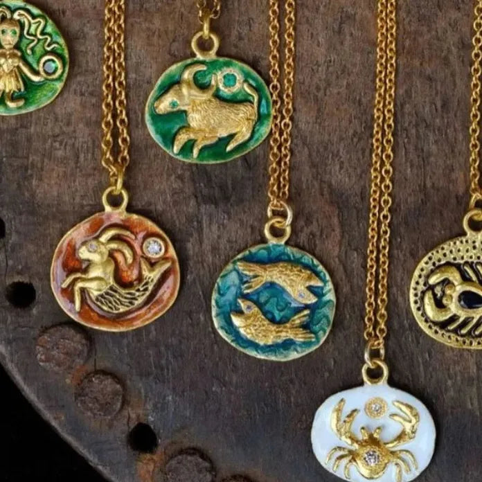 Stainless Steel Vintage Enamel Zodiac Coin Pendant Necklace 12 Constellations Jewelry