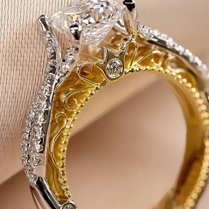 Two-Tone Square CZ Geometric Princess Style Wedding Band Ring Women
