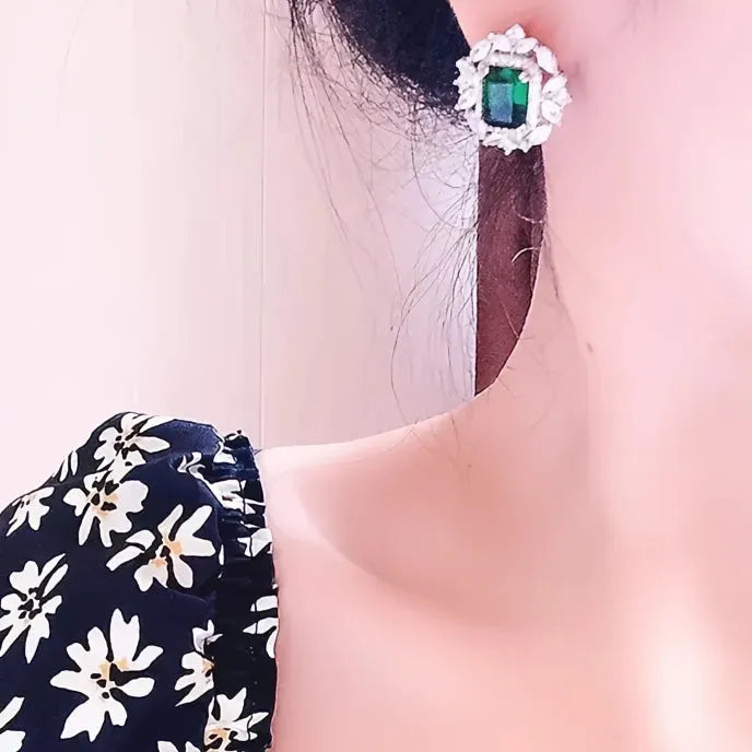 Luxury Women’s Geometric Green Cubic Zirconia Stud Earrings Copper Alloy Jewelry