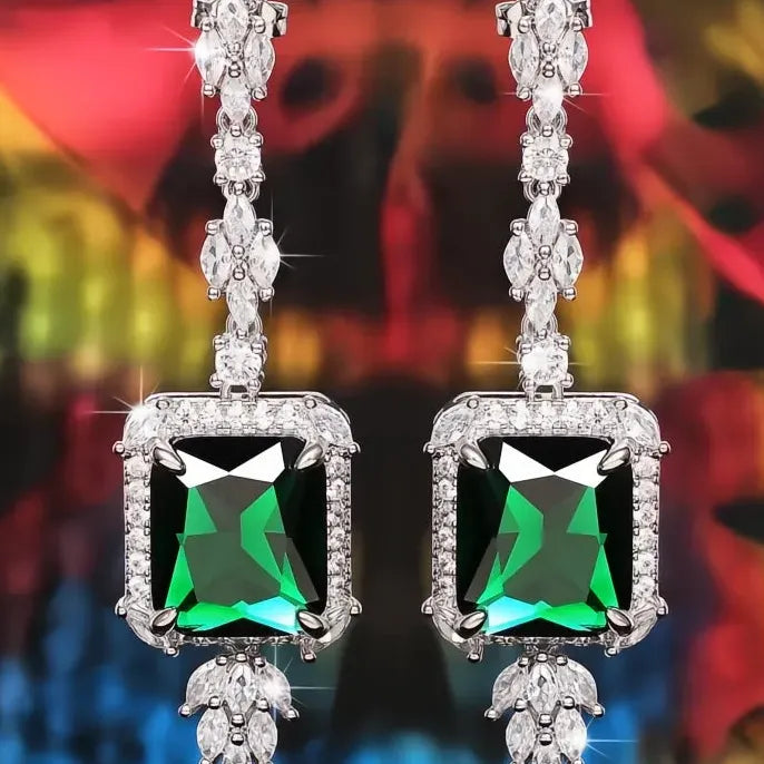Geometric Square Green Cubic Zirconia Brass Dangle Earrings for Wedding Jewelry