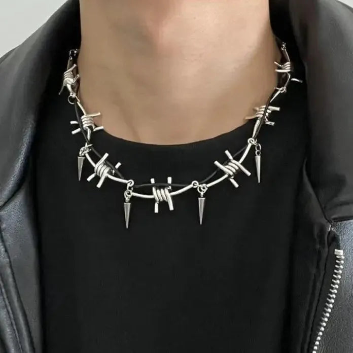 Stainless Steel Gothic Barbed Wire Rivet Double Layer Necklace for Men Women